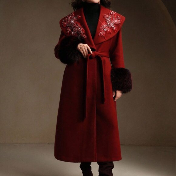 Burgundy Elegant Women's Embroidered Long Coat - Picture 1 of 8
